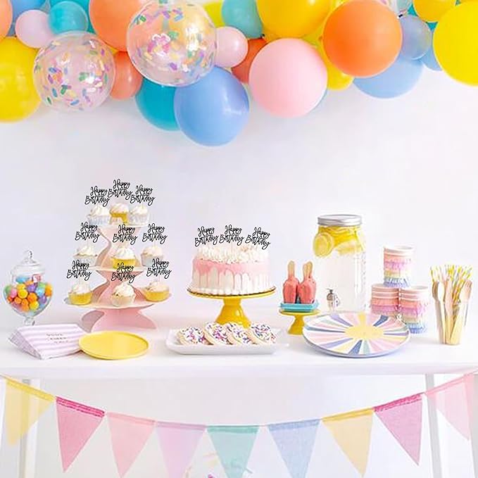 24 PCS Glitter Cupcake Toppers - Happy Birthday & Anniversary Cake Decorations - Black