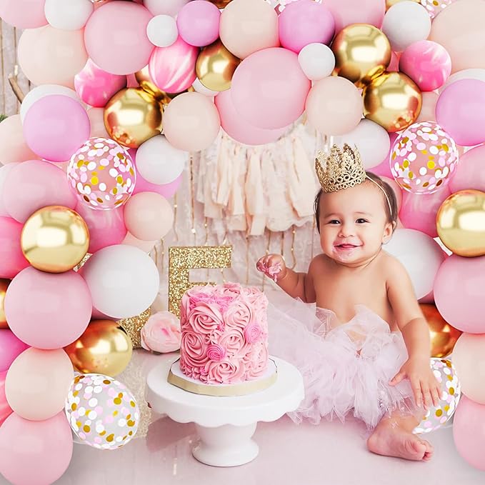 Amandir 144Pcs Pink Balloons Garland Arch Kit Light Pink Gold White Confetti Latex Metallic Balloons for Girl Birthday Baby Shower Wedding Graduation Party Decorations Supplies