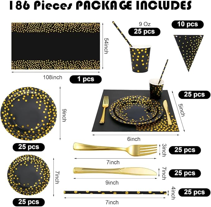 Sylken 186 Pieces Black and Gold Party Tableware Set - 25 Guests Paper Plates, Napkins,Paper Cups, and Tableware for Wedding Shower,graduations,cocktail parties,New Year Party,Birthday etc.