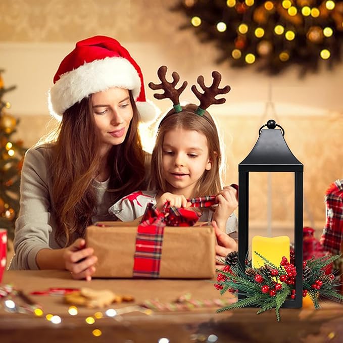 Christmas Lanterns Decorative Indoor, 2 Pack Christmas Lantern Outdoor, 16 Inch Decorative Candle Lanterns Flameless Light with Pine Cones and Berries for Table Centerpieces,Home, Porch Decor