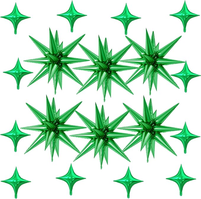 18 Pcs Green Star Balloons, Green Balloon with 6 Pcs 22-Inch Explosion Star Balloons 12Pcs 10-Inch Four Pointed Stars Foil Balloon for Jungle Safari Theme Football Birthday Party Decorations
