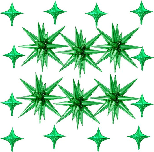18 Pcs Green Star Balloons, Green Balloon with 6 Pcs 22-Inch Explosion Star Balloons 12Pcs 10-Inch Four Pointed Stars Foil Balloon for Jungle Safari Theme Football Birthday Party Decorations