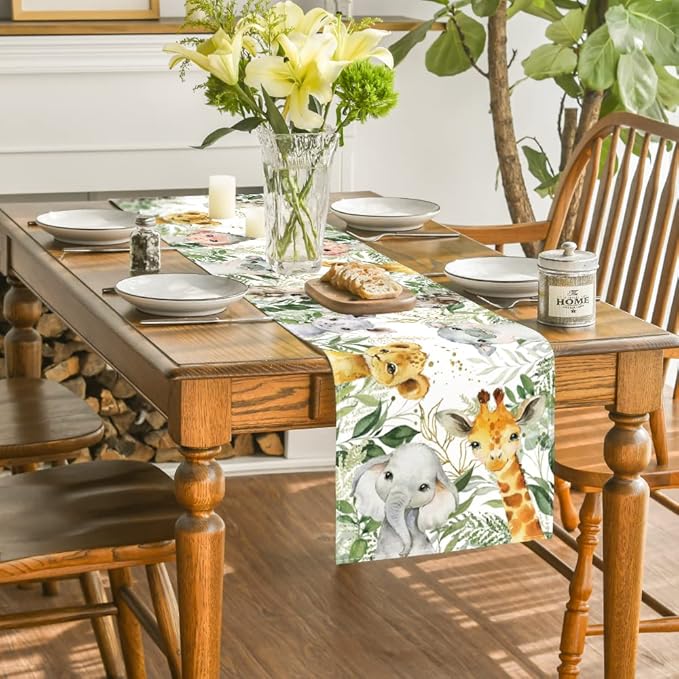Artoid Mode Animals Elephant Giraffe BabyShower Table Runner, Seasonal Spring Summer Kitchen Dining Table for Home Party Decor 13x36 Inch