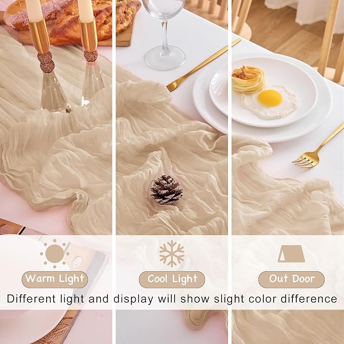 10 Pack Beige Table Runner 120 Inch Cheesecloth Table Runner 10FT Rustic Boho Gauze Table Runner Long Cheese Cloth Table Runner Semi Sheer Runners for Wedding Bridal Baby Shower Party