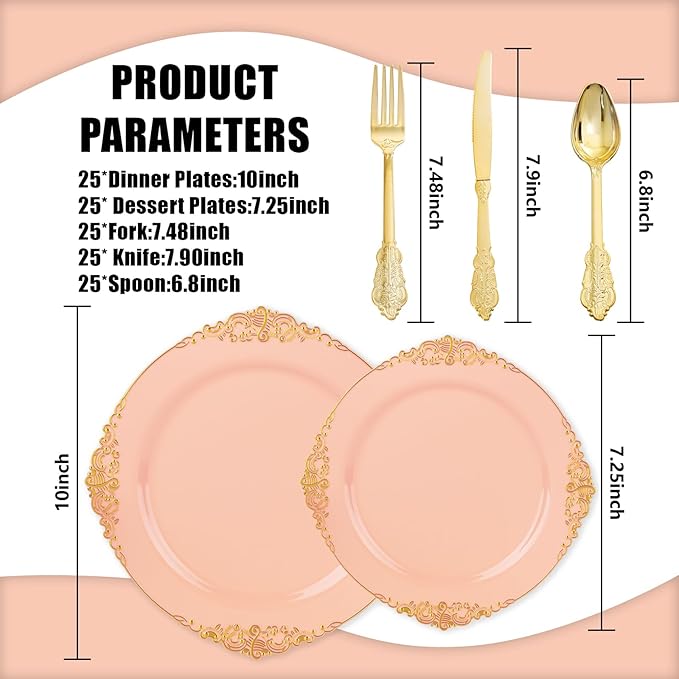 125PCS Peachy Pink Plastic Plates - Elegant Pink and Gold Dinnerware Set - Heavy Duty Disposable Plates with Gold Silverware Sets for 25 Guests for Wedding & Party & Bridal Shower