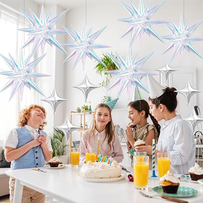 18 Pcs Iridescent Star Balloons, Iridescent Clear Stars Foil Balloon with 6 Pcs 22-Inch Explosion Star Balloons 12Pcs Silver 10-Inch Four Pointed Stars Balloon for Birthday New Year Party Decors