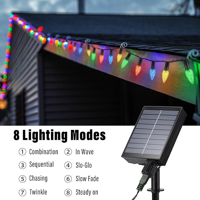 iBaycon Solar C6 Christmas Lights Outdoor, 48FT 100LED C6 Strawberry String Light, 8 Modes Solar Powered Lights String for Xmas Tree House Eaves Roof Christmas Holiday Decorations