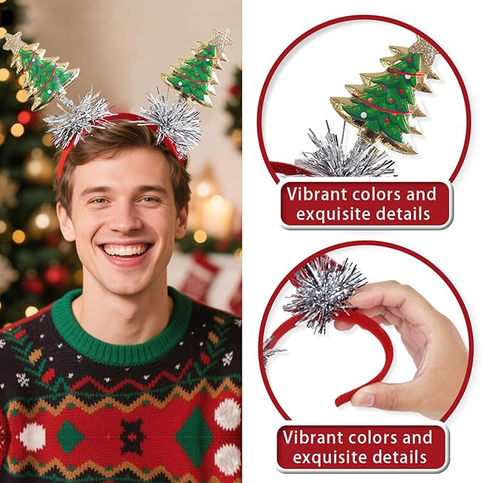 Christmas Headband for Women, Fashion Green Christmas Tree Headband with Gold Edge & Silver Tassels, Xmas Party Headpiece Festival Holiday Photo Prop Hair Accessories (1PC)