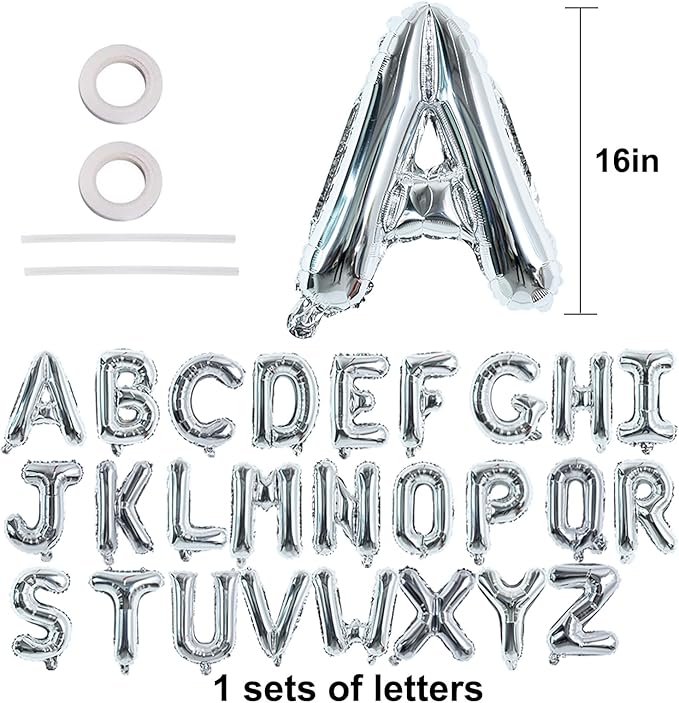 TONIFUL 16 Inch Silver Letter A-Z Balloons,Custom Phrase Mylar Foil Alphabet Letter DIY Personalized Phrase Banner for Birthday Anniversary Celebration Graduation Party Supplies Decoration (26 Pcs)
