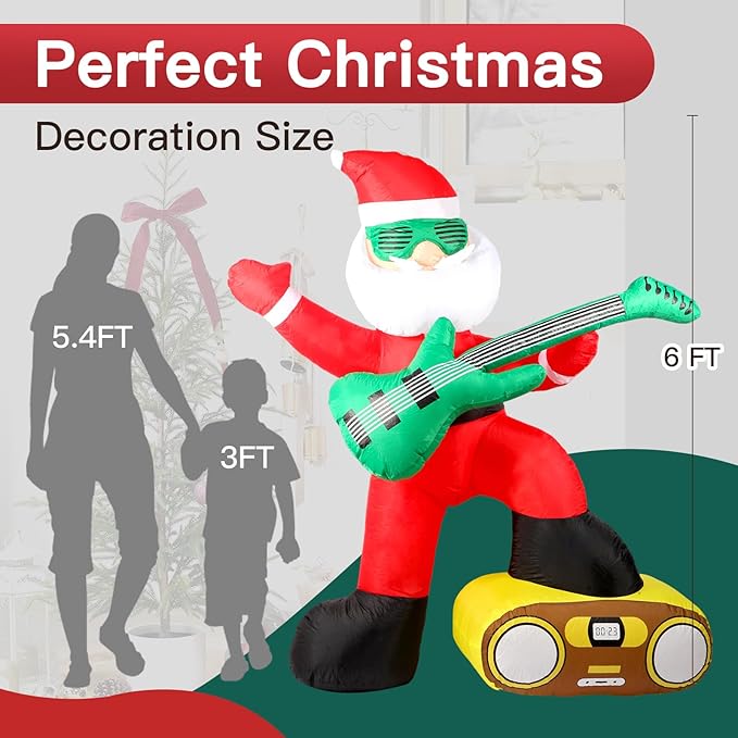 6FT Christmas Inflatables Decorations Outdoor，Blow Up Santa Claus with a Guitar with Built-in LEDs Lights for Indoor Holiday Party Yard Garden Lawn Décor