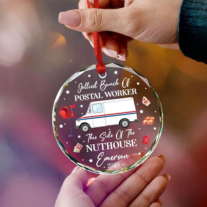 Jolliest Bunch of Postal Worker Christmas Ornaments, Gifts for Mail Carrier Service, Personalized Mail Truck Glass Ornament for Xmas Tree Decor, Postman Mailman Christmas Ornament Custom Name