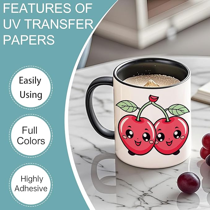 UV DTF Stickers - 12 Sheets Cherry Valentine UV DTF Cup Wrap for Coffee Mugs Glass, DIY Decals for Tumblers, Waterproof Rub on Transfers for Crafts