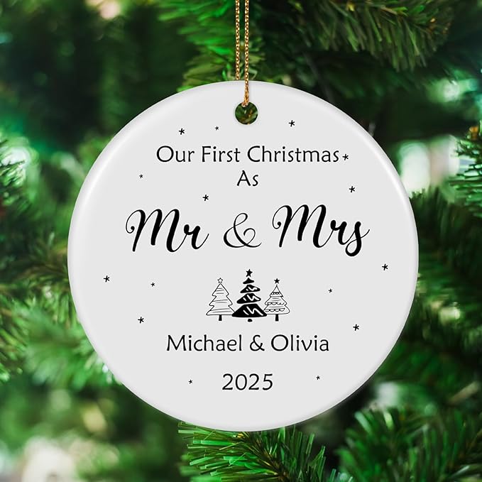 Personalized First Christmas Married Ornament 2025, Custom Engaged Christmas Ornaments with Names, Customized Wedding Engagement Gifts for Newlywed Couples Him Her