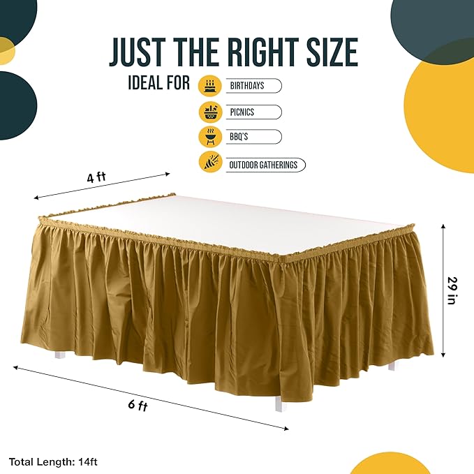 Exquisite Ruffle Table Skirt Gold Pack Of 12, 14 Ft Long Table Skirts for Rectangle Tables 6ft Plus or Round Tables Skirts with Adhesive Strip for Gender Reveal Decor & Happy Birthday Parties