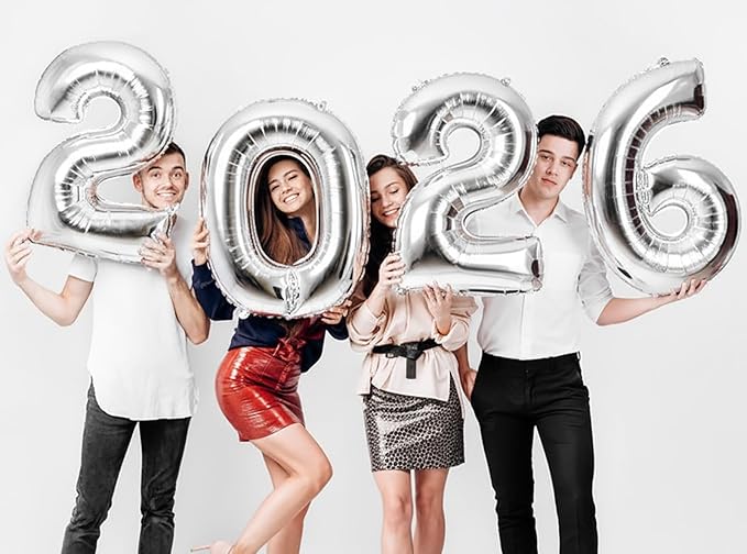 KALOR 42 Inch 2026 Silver Foil Mylar Number Balloons, Giant 2026 New Years Decorations for 2026 Happy New Year Eve and Graduations Party Supplies