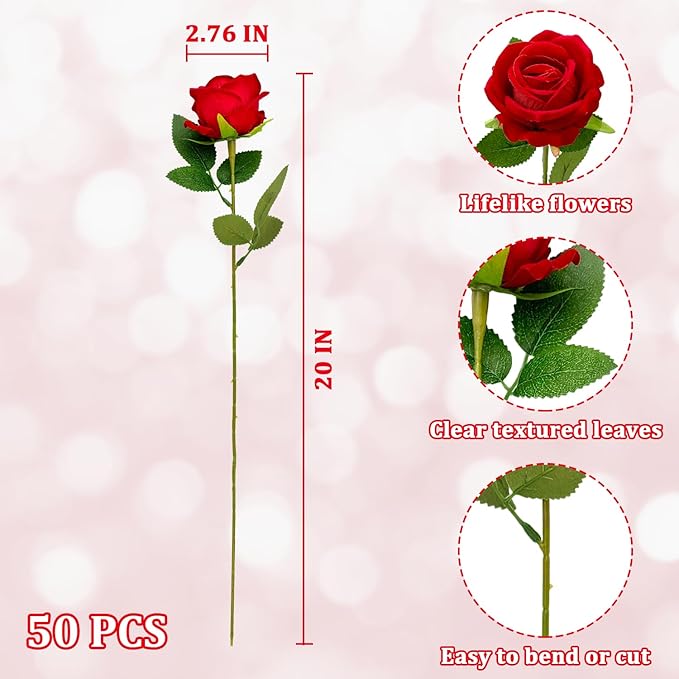 Bulk Artificial Flowers 50 PCS, Fake Velvet Silk Red Roses with Long Stems Realistic Bouquet for Wedding Centerpieces, Faux Arrangement for Home Table Decor