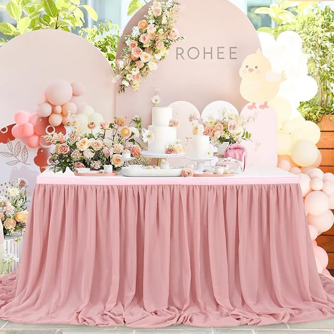 Chiffon Table Skirt Dusty Rose 9ft Sheer Tablecloth for Wedding Sweetheart Table Party Table Decoration Rectangle Tables or Round Tables