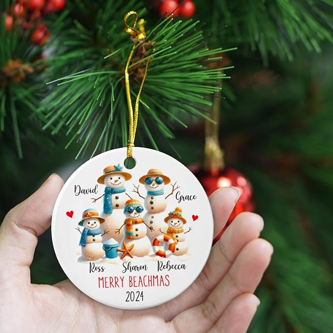 Personalized Snowman Family Beach Vacation Ceramic Ornament, Merry Beachmas, Custom Names, Xmas 2025