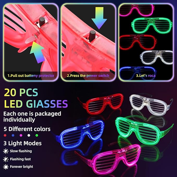 258 PCS Glow in the Dark Party Supplies,20 PCS Glow Fiber Optic Wands,20 PCS LED Glasses and 200PCS Glow Sticks Bulk Party Pack,18 Connector,New Years Eve, Wedding,Concert,Birthday