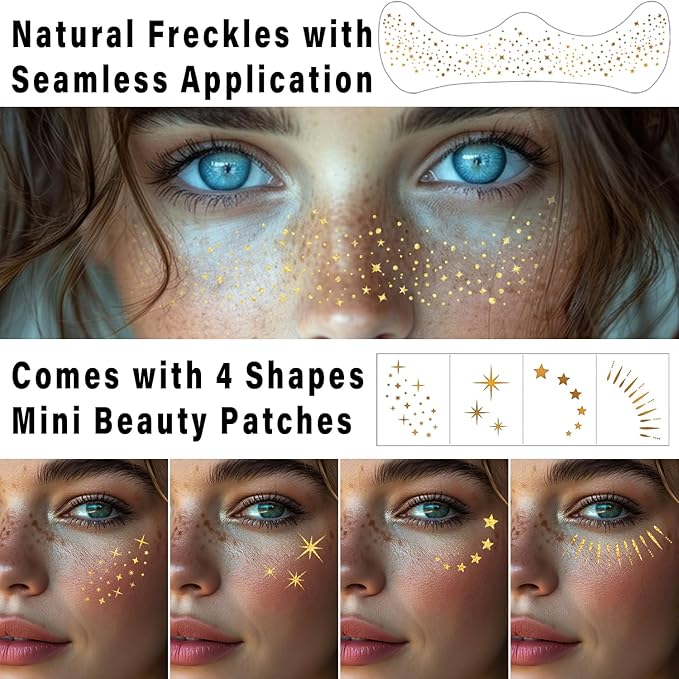 20 Pcs Gold Glitter Freckles Face Tattoo, Gold glitter Freckles Makeup Patches, Waterproof Sparkle Freckles, Glitter Freckles Face Temporary Tattoos for Women