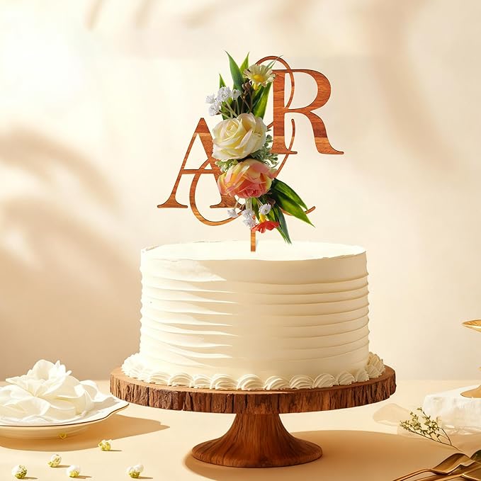 Wedding Cake Topper with 3D Artificial Flowers and Green Leaves Custom Initials Personalized Wooden Anniversary Cake Decoration (Maple)