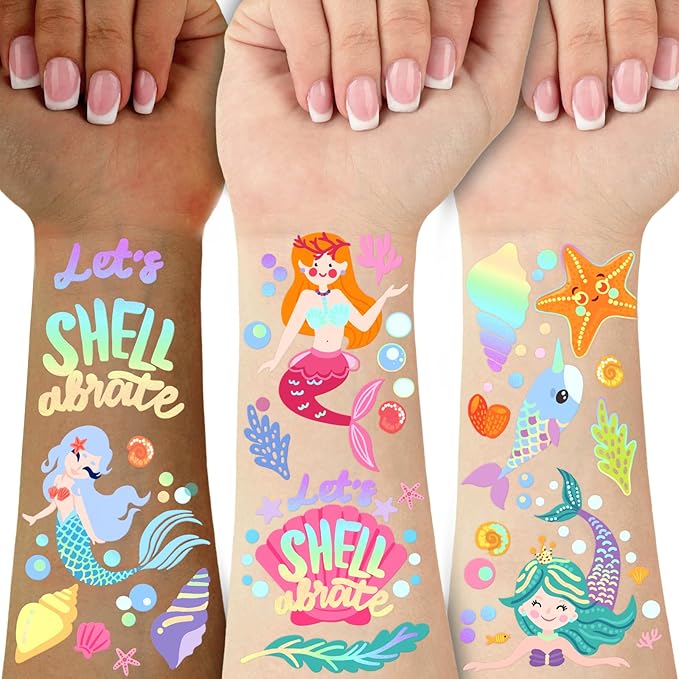 Mermaid Temporary Tattoo for Kids Under the Sea-76 Glitter Style Cute Fake Tattoo Dolphin Ocean Animals Waterproof for Girls Boys Body Face Tattoos Stickers Beach Art Birthday Party Favors Decorations