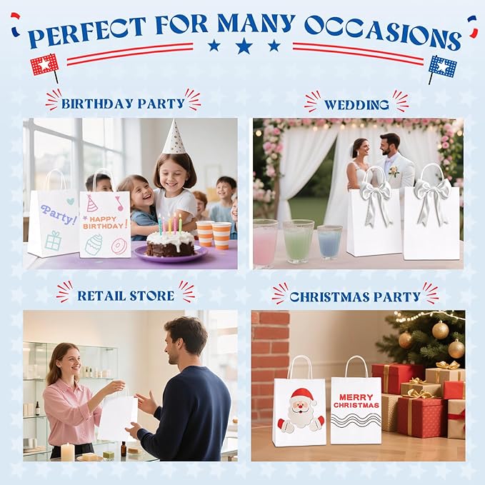 MESHA Gift Paper Bags 200 PACK 8x4.25x10.5'' White Medium Shopping Kraft Bags Bulk with Handles Reusable for Business Grocery Birthday Wedding Kids Party Favors(Made in USA)