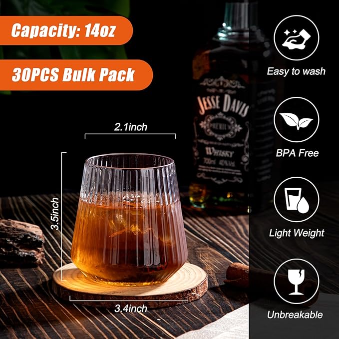 Ciaell 30 Pack Plastic Ribbed Wine Glasses - 14 OZ Thicker Origami Stemless Disposable Wine Champagne Whiskey Unbreakable Clear Cocktail Glass, Reusable Wine Cups for Home Party Wedding Bar