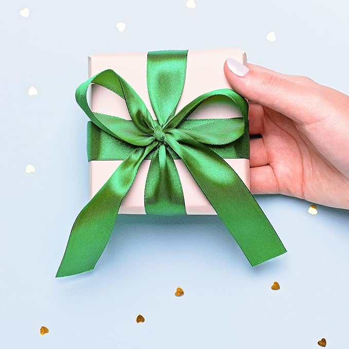 Green Satin Ribbon Roll, 1/2 inch x 50 Yards, Double Face Solid Color, Thick and Durable, 100% Polyester for Gift Wrapping, Crafts, Hair and Decorations