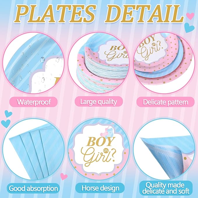 452 Pcs Gender Reveal Party Decorations Include Boy or Girl Paper Plates Napkins Cups Tablecloth Cutlery Straws Blue and Pink Gender Reveal Party Tableware for Baby Shower Decorations