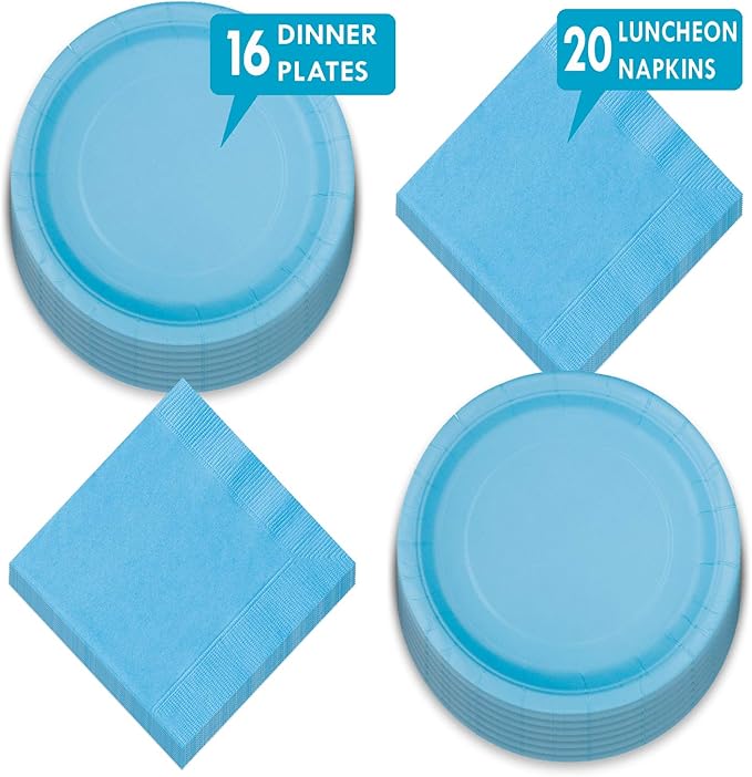 Solid Pale Blue Paper Dinner Plates and Luncheon Napkins for Blue Party Supplies and Baby Shower Decorations (Serves 16)