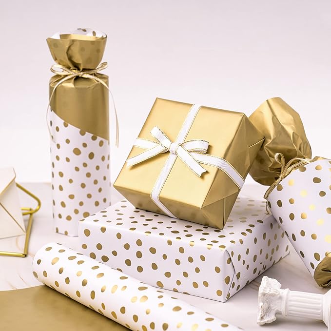 WRAPAHOLIC Reversible Wrapping Paper - Mini Roll - 17 Inch X 33 Feet - Gold Print and Delicate Polka Dots Design for Birthday, Christmas, Wedding, Baby Shower