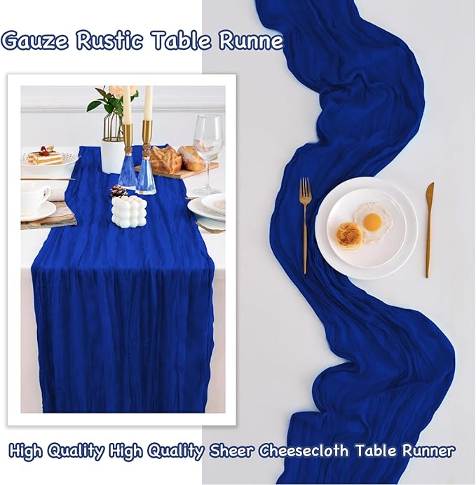 10 Pack Royal Blue Table Runner 120 Inch Cheesecloth Table Runner 10FT Boho Gauze Table Runner Long Cheese Cloth Table Runner Semi Sheer Runners for Wedding Bridal Baby Shower Party