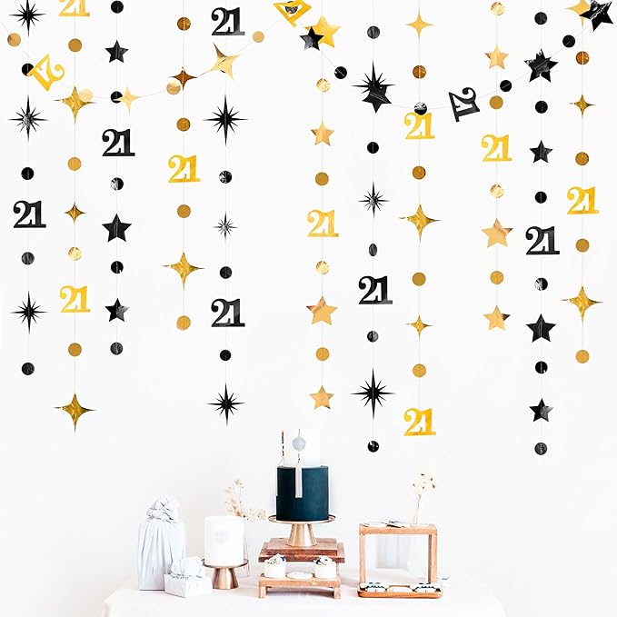Black Gold 21st Birthday Decorations Number 21 Circle Dot Twinkle Star Garland Hanging Streamer Banner Backdrop for Girls Boys Cheers to 21 Years Finally Legal Bday 21st Anniversary Party Supplies