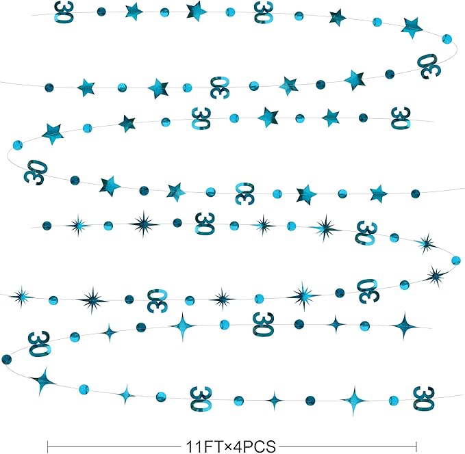Aqua Blue 30th Birthday Decorations Number 30 Circle Dot Star Garland Metallic Hanging Streamer Bunting Banner Backdrop for Her Womens Dirty 30 Year Old Birthday Thirty Anniversary Party Supplies