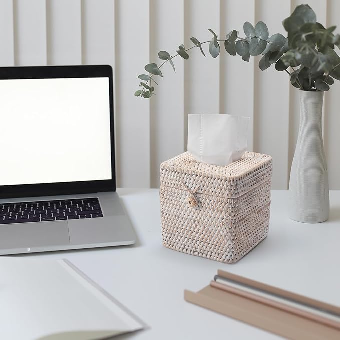Rattan Tissue Box Cover Natural Woven Facial Napkin Holder Square with Lid 5.7 x 5.7 x 5.5 Inch (White)