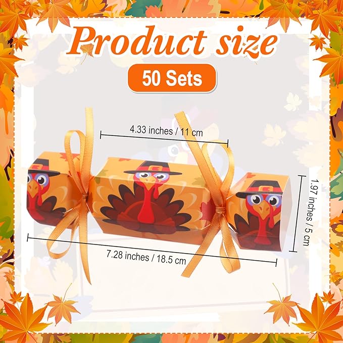 Xinnun 50 Packs Thanksgiving Cracker Kit No Snap Party Table Favors Pumpkin Maple Leaf DIY Thanksgiving Party Cracker Candy Boxes for Holiday Dinner Decoration Gift(Turkey)