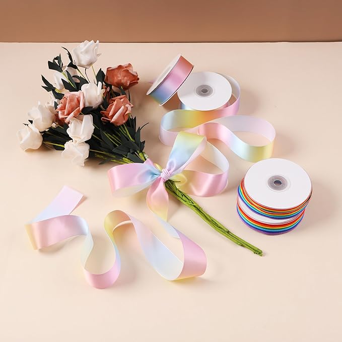 3/8 inch 25 Yards Light Rainbow Ribbon, Single Face Shiny Satin Roll, Ribbon for Gift Wrapping, Wedding Decor, Pride Birthday Party Decoration & DIY Crafts