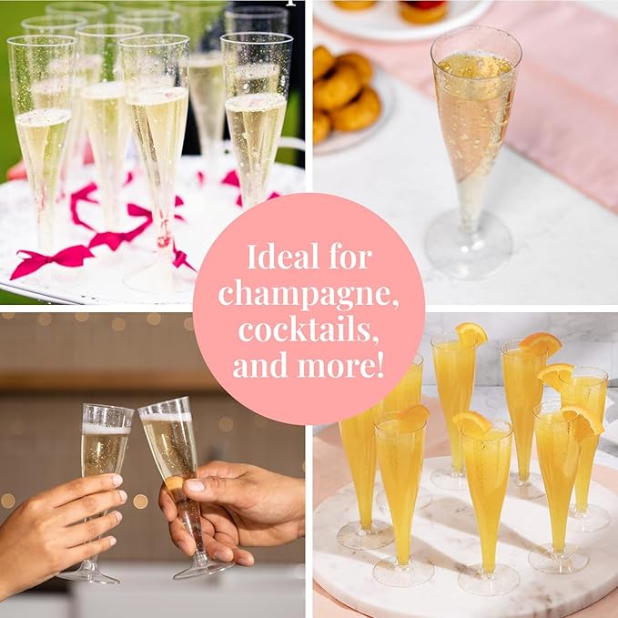 Prestee 24 Champagne Flutes Plastic - Disposable Flute - Silver Glitter Plastic Glasses for Parties - Mimosa Bar, Wedding, Shower Party, New Years Eve Party Supplies 2025 (Silver)