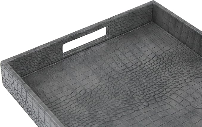 HofferRuffer Rectangle Serving Tray with Hole Handles for Coffee Table, Breakfast, Tea, Food, Butler - Countertop, Kitchen, Vanity Serve Tray, 16.2 x 12.2 x 2 inches, Faux Leather Tray (Dark Grey)