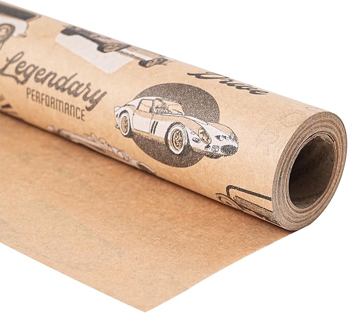 Ulmasinn Kraft Birthday Wrapping Paper Roll - 17 Inches X 33 Feet - for Boys Girls Kids Retro Classic Racing Sports Car Pattern Great for Birthday, Party, Anniversary