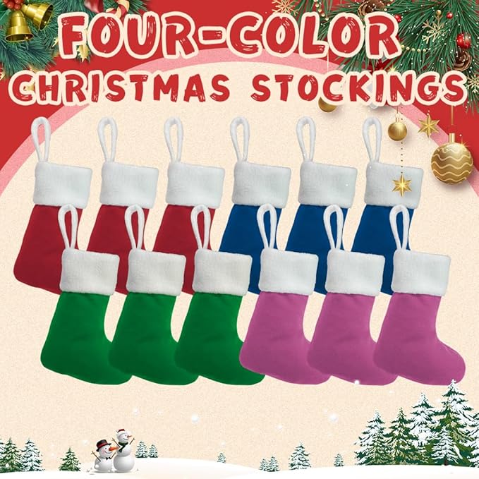 12Pack Mini Christmas Stockings 7" Traditional Xmas Stocking for Family Holiday Party Decor and Xmas Tree Fireplace Merry Christmas Ornament Gifts(Multi-Mini)