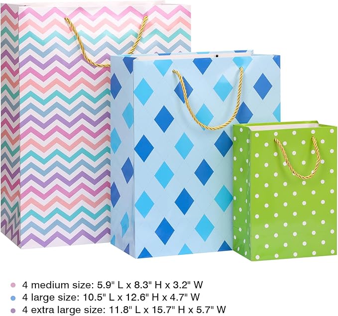 OUTUXED 12pcs Paper Gift Bags Assorted Sizes with Tissue, Birthday Gift Bags 3 Sizes (4 Medium/4 Large/4 Extra Large) - For Birthday, Baby Showers, Party & Wedding