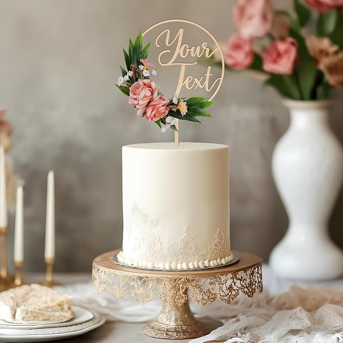 CustomText Wedding Cake Topper with 3D Artificial Flowers and Green Leaves Personalized Your Text Wooden Anniversary Engagement Cake Decoration