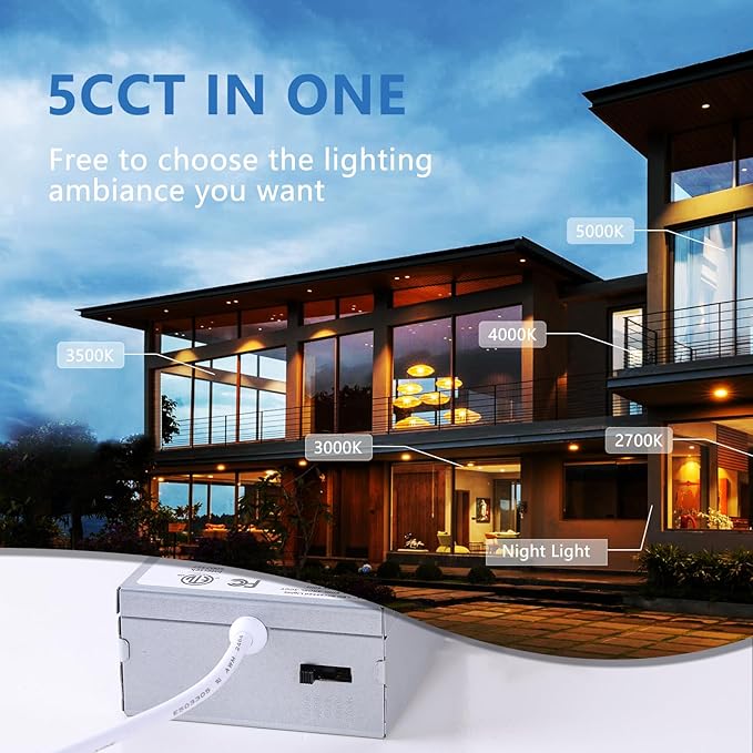 CycevSun 6 Pack LED Recessed Lighting 6 Inch with Night Light, Dimmable 5CCT Canless Ultra Thin Wafer Downlight Soffit with Junction Box, 5 Color Selectable, 12W, ETL & Energy Star