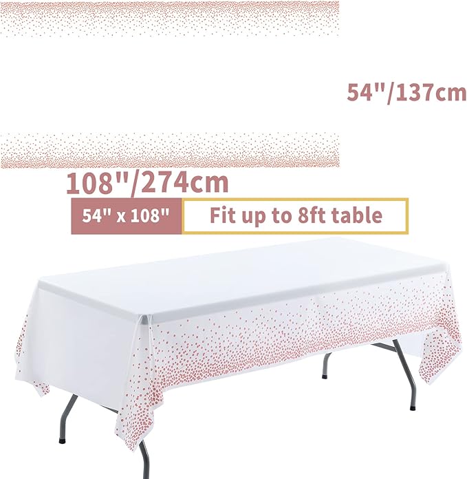 108"x54" 2 Packs Rose Gold White Tablecloth for Parties Rectangle Table, Dot Confetti Rectangular Plastic Table Cover, Thanksgiving Christmas, Wedding, Anniversary, Baby Shower, Birthday
