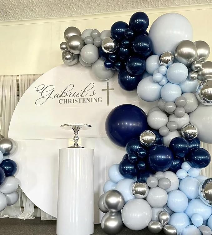140 Pack Silver Navy Gray Macaron Blue Balloons Garland Arch Kit for Graduation Birthday Party Baby Shower Party Decoration