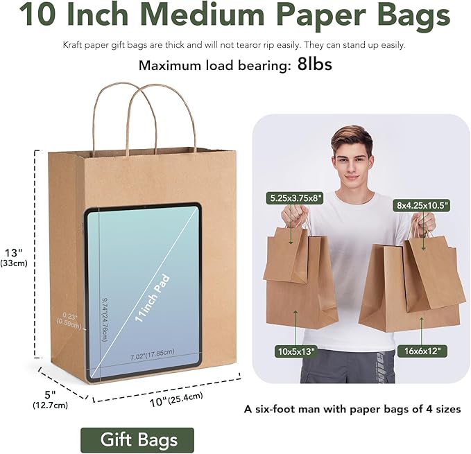 GSSUSA Brown Kraft Paper Gift Bag with Handles, 10x5x13 Bulk Shopping Grocery Paper Bags 200 Pcs, Party Favor Retail Small Business Packaging Mother's Day Merchandise Boutique Wedding Baby Shower