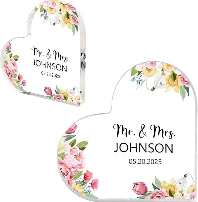 Custom Wedding Heart Acrylic Plaque,Mr & Mrs Cake Topper,Personalized Wedding Keepsake/Gift/Sign (Style 3)