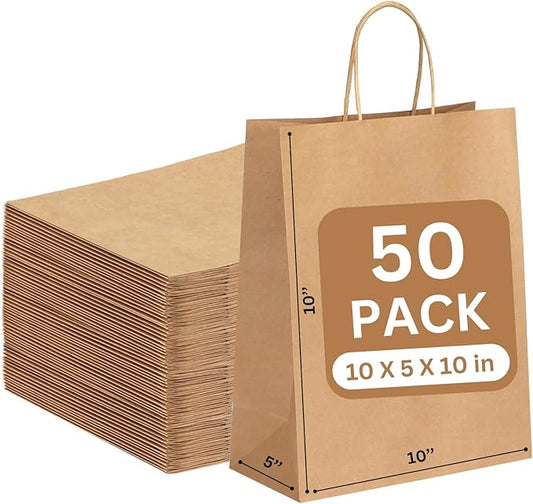 JET PAPER BAGS - 10”x5”x10” Inch [50 Pcs] Medium Brown Paper Bags with Handles Prime for Takeout, Grocery, Goody, Retail, Party, Gifts, Weddings - Recyclable Kraft Paper Gift Bags with Handles
